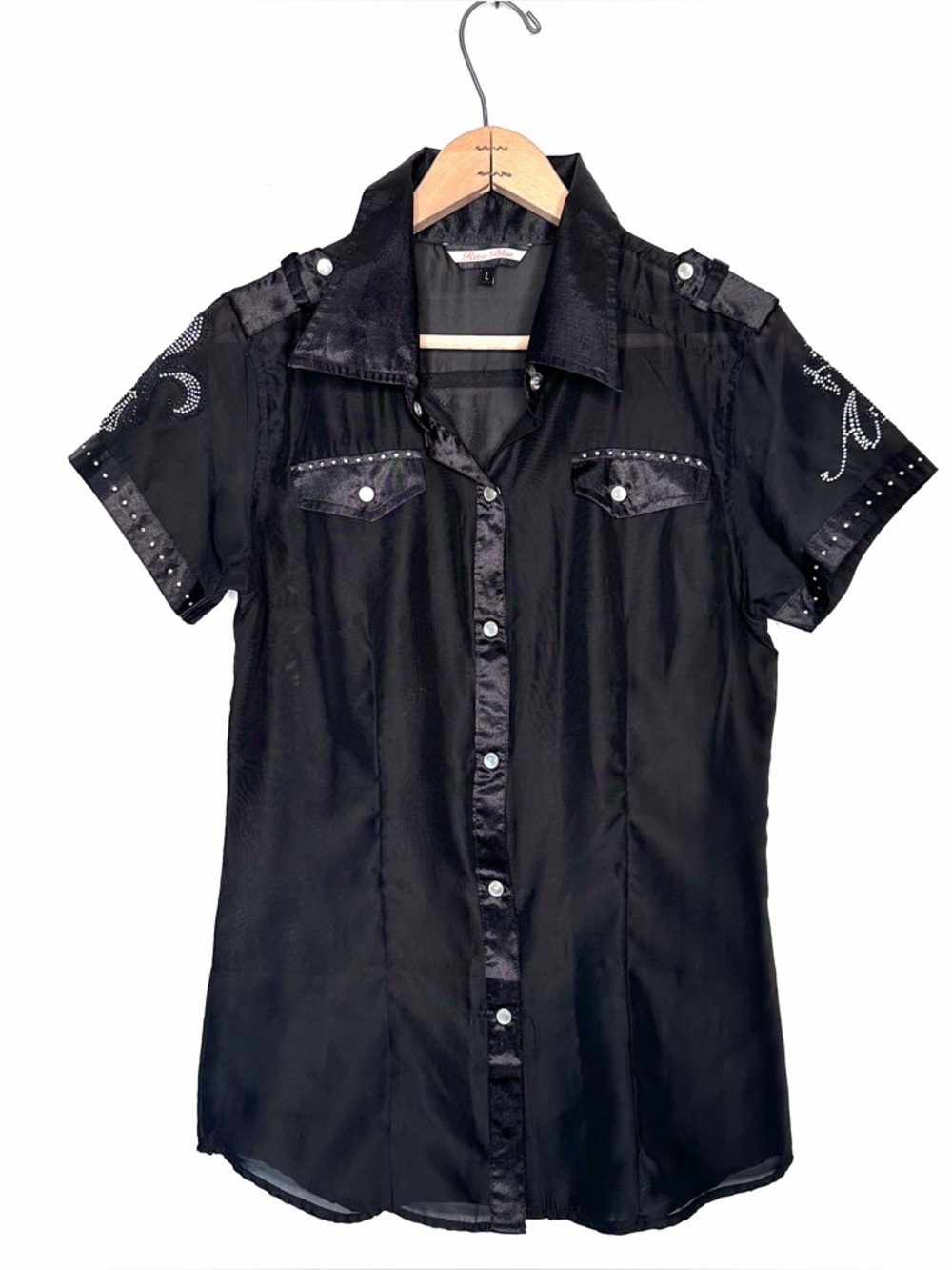 Raw Blue Short Sleeve Snap Button Fleur De Lis Wings Bling Punk Goth Top Large